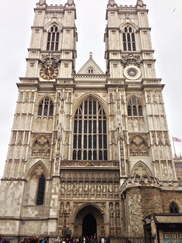 The impressive front façade of Westminster Abbey.