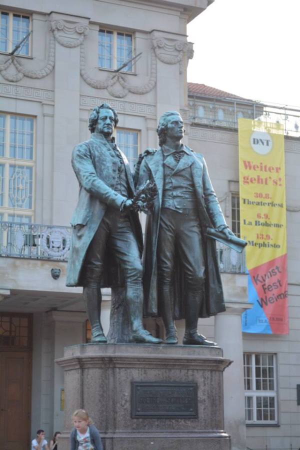 The statue of Goethe and Schiller outside the Deutsche National Theatre.